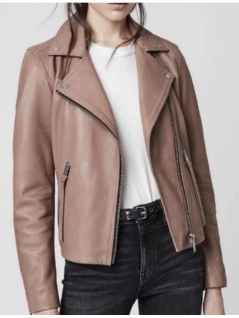 New AllSaints Dalby Leather Biker Jacket Vintage Pink Sz 6 $569